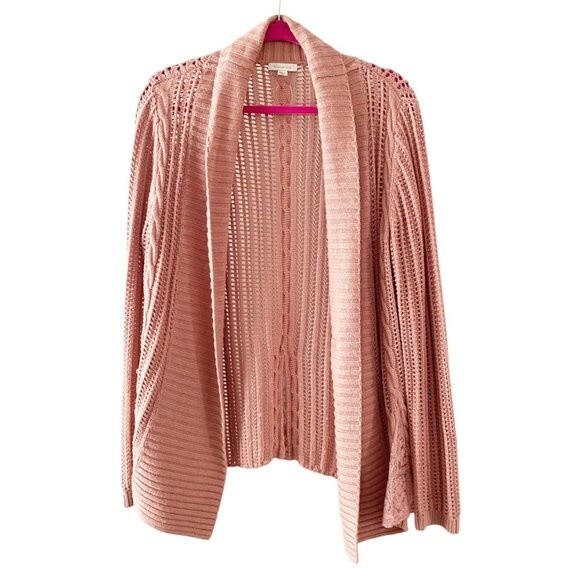 Garnet Hill Dusty Pink Knit Open Front Cardigan with Lace Panels Cashmere Blend - Picture 2 of 14